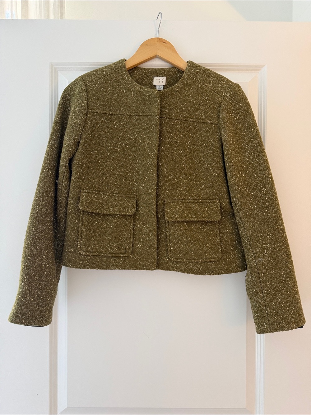 a new day Olive Green Tweed Collarless Boxy Jacket